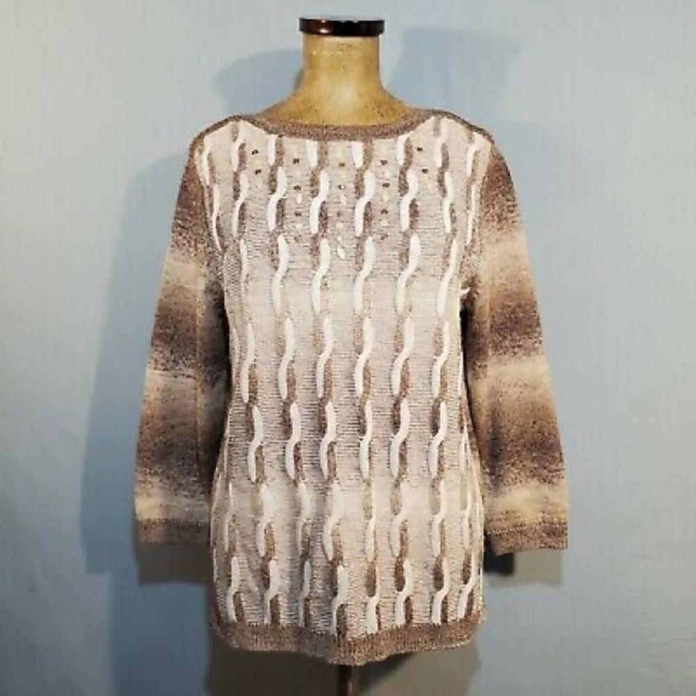 NWOT Alfred Dunner Tan Beaded Sweater Cardigan with 3/4 sleeves, size Small